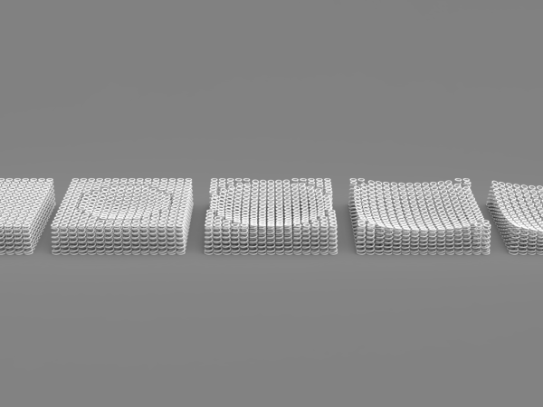 Process of lowering a bowl onto a bed of springs using CAD  and capturing the deformed state, where final one on the right is 3D-printed.